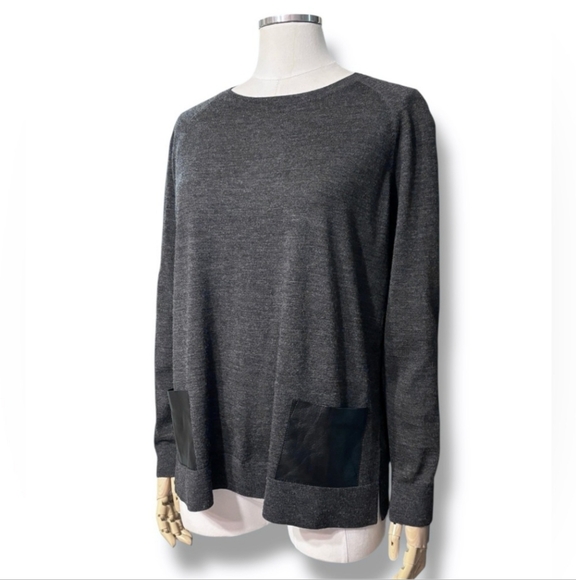 Lafayette 148 New York Sweaters - LAFAYETTE 148 Grey Wool Round Neck Sweater Vegan Leather Patch Pockets